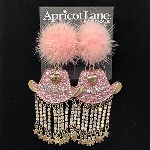 Apricot Lane Pink Glitter Cowboy Hat Earrings with Pom Pom Tops